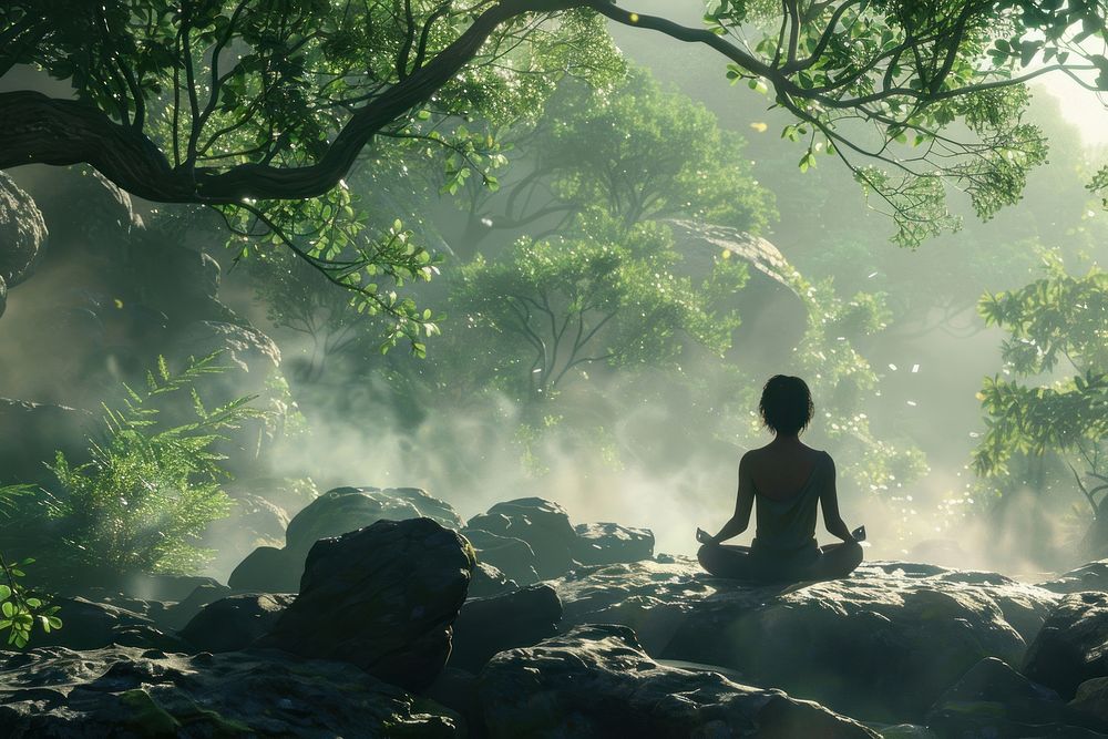 Person is meditating in the middle of nature tree vegetation rainforest.