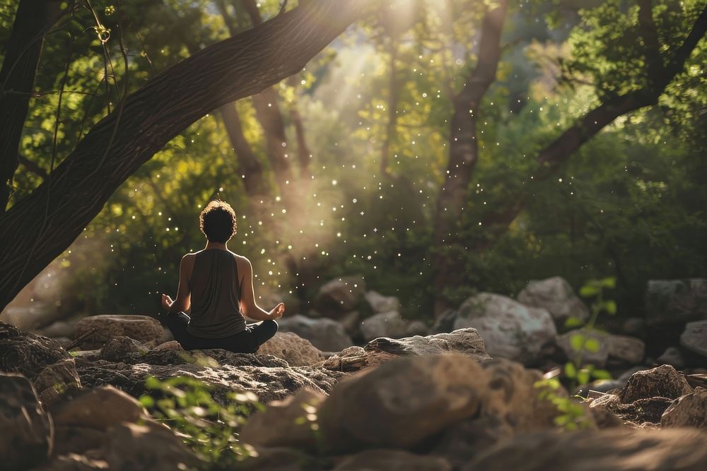 A person is meditating in the middle of nature vegetation exercise outdoors.