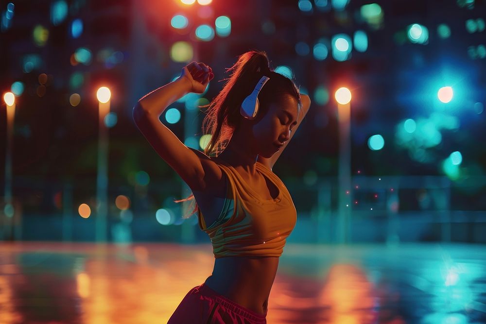 Woman dancing in wireless headphone outdoors night recreation.