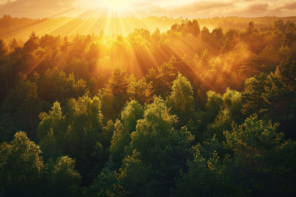 Green trees in forest Pine forest sunrise nature light.