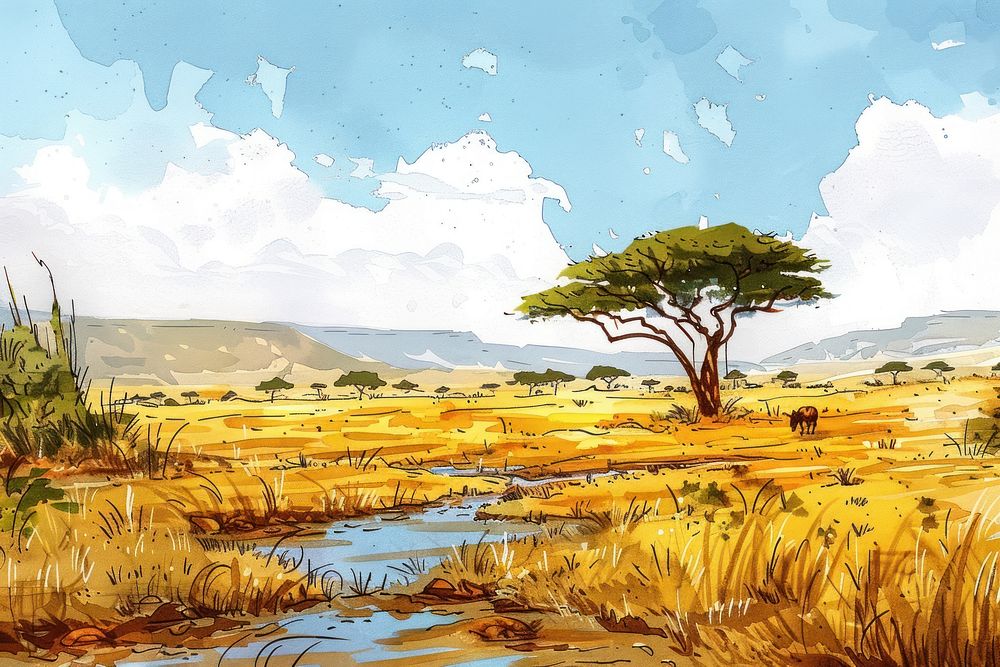 Africa safari art grassland landscape.