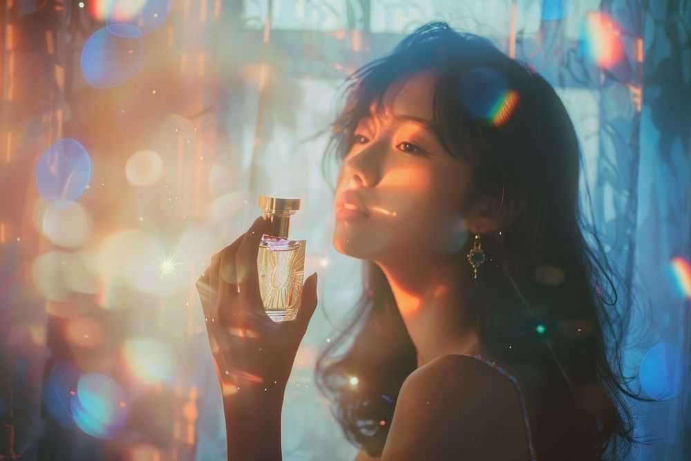 Asian Young woman holding perfume photography accessories cosmetics.