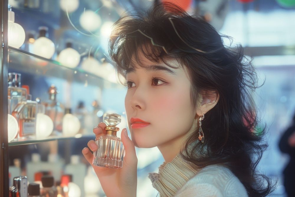 Asian Young woman holding perfume photography cosmetics portrait.