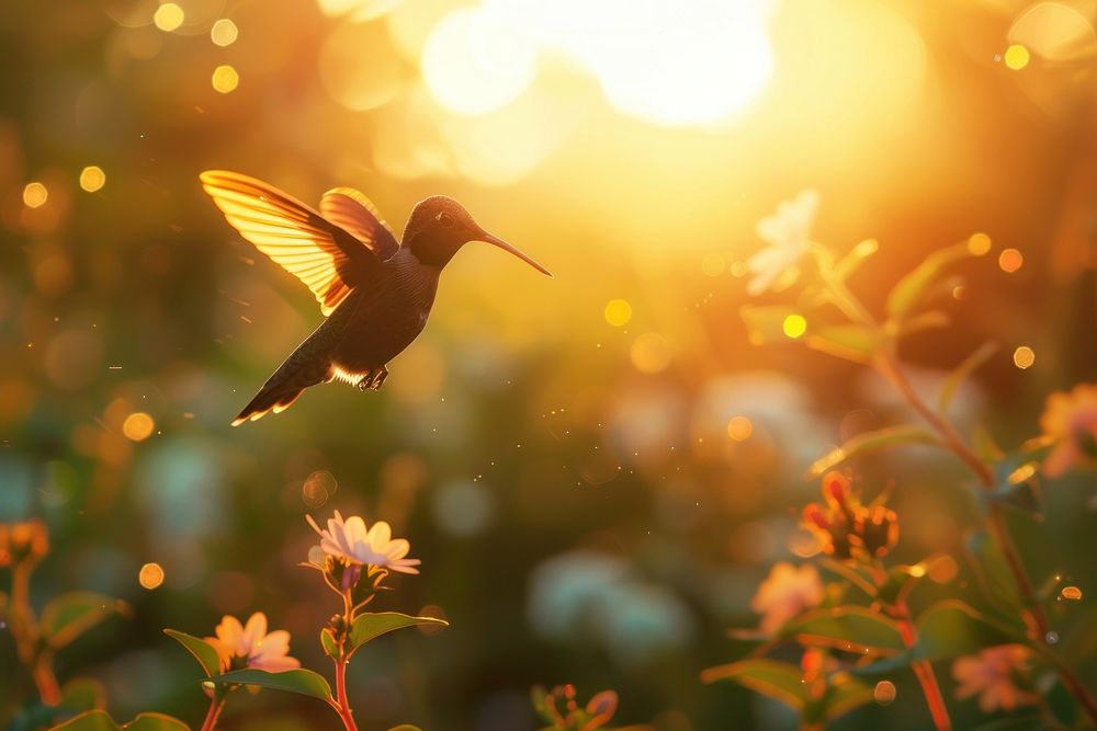 Hummingbird flying outdoors sunlight animal.