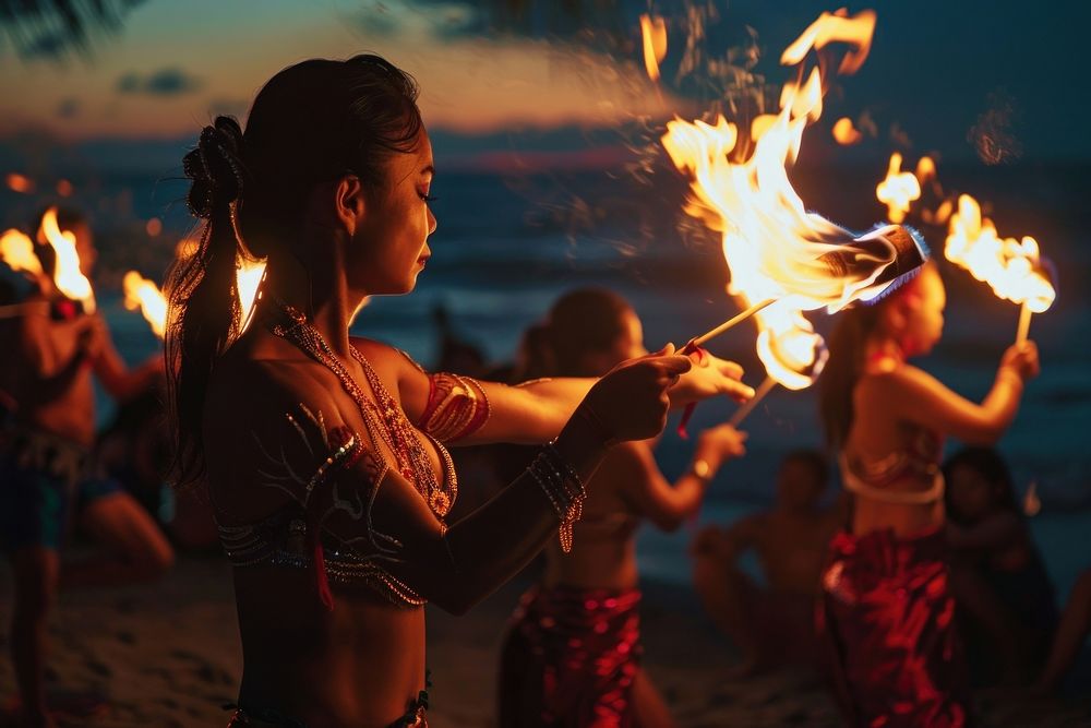 Thai people fire show at the beach female person adult.