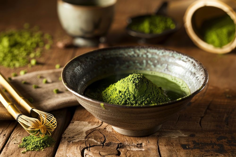 Organic Green Matcha Tea bowl tea beverage.