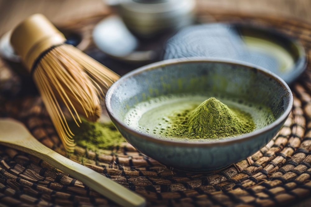 Organic Green Matcha Tea bowl tea beverage.