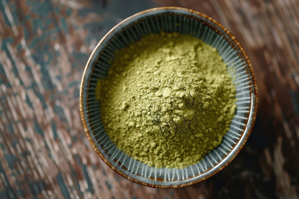 Organic Green Matcha Tea powder plate food.