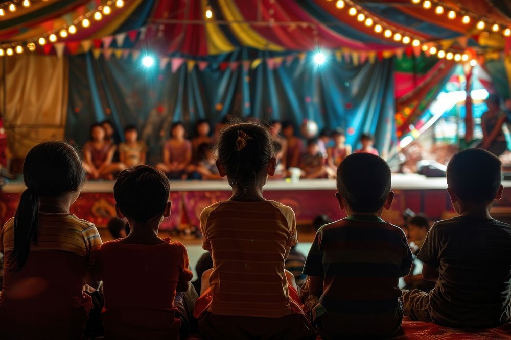 Thai people watching circus show lighting concert indoors.
