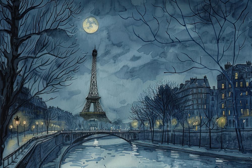 Eerie paris night city art.