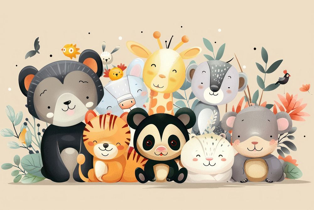 Cute group of wild animals vector outdoors snowman people.
