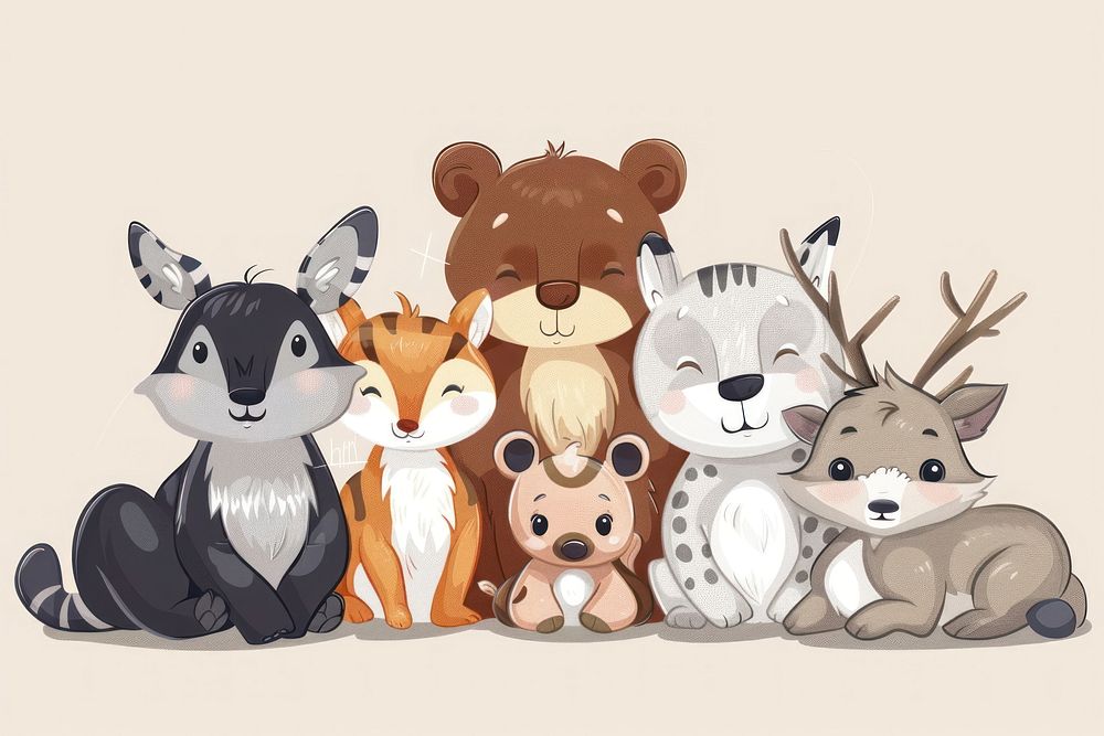 Cute group of wild animals vector illustrated drawing sketch.
