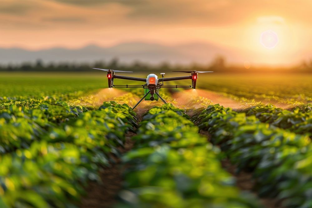 Controlling drone spraying farm transportation countryside.