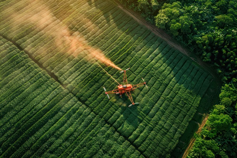 Controlling drone spraying farm land transportation.