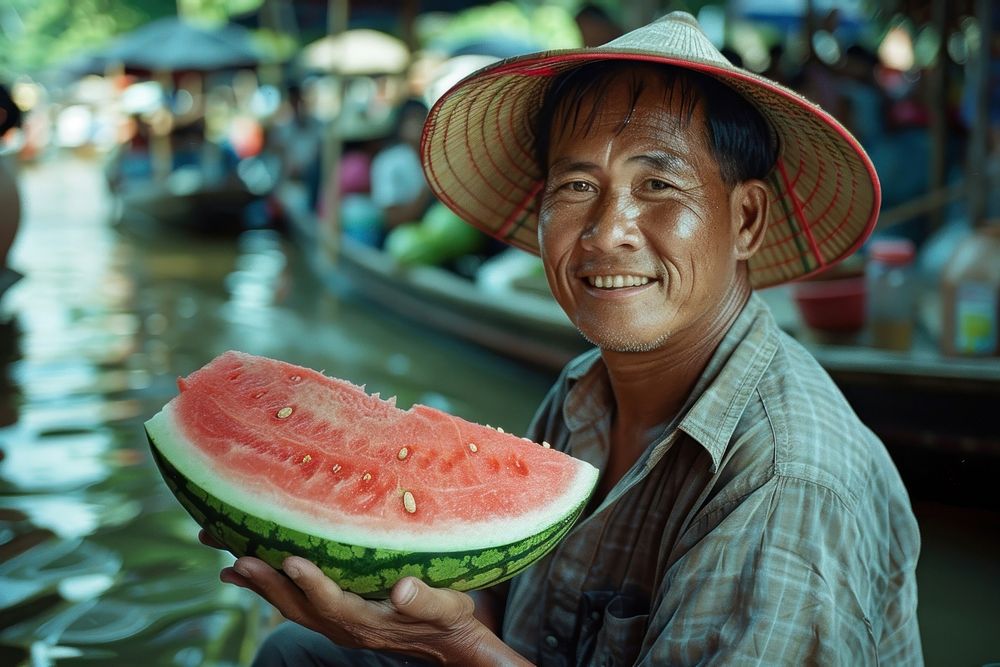 Thai merchant holding watermelon clothing apparel produce.