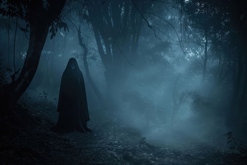 Thai ghost in Spooky forest dark vegetation outdoors clothing.