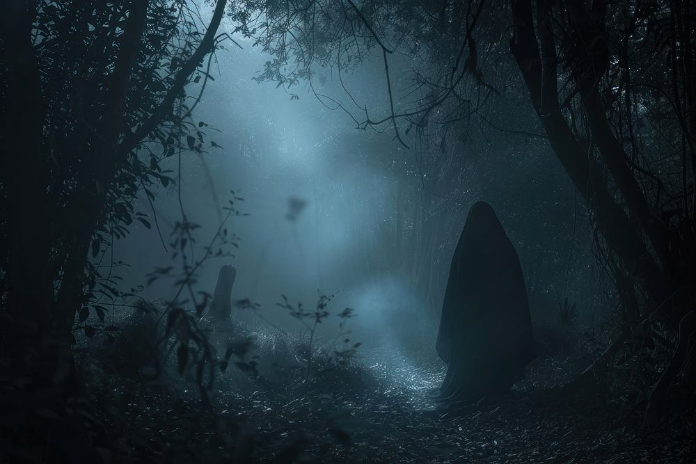 Thai ghost in Spooky forest dark night vegetation outdoors.