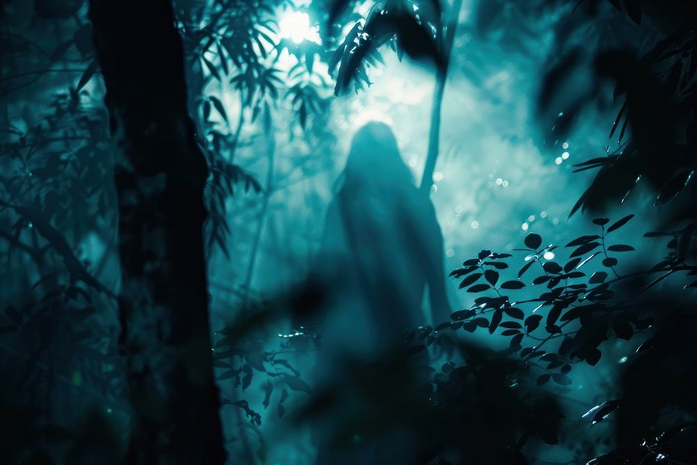 Thai ghost in Spooky forest dark vegetation rainforest outdoors.