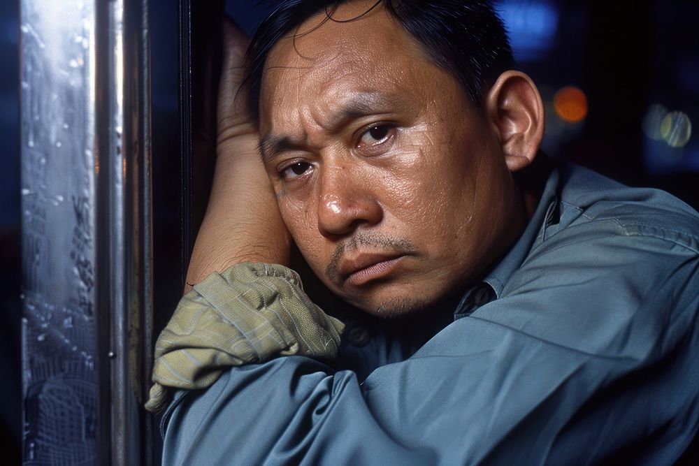 Thai taxi driver photography sad portrait.