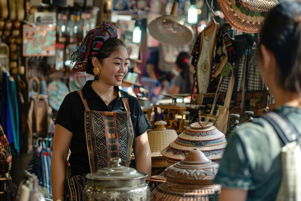 Thai young woman merchant wearing 1980s clothing style talking with customer market accessories handicraft.