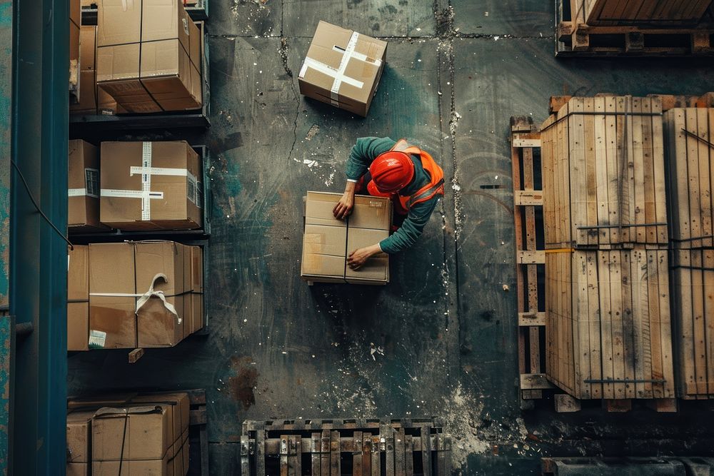 Photo of top view worker with hard hat loading boxes person helmet human.