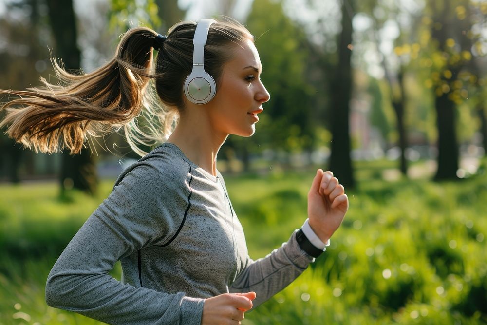 Woman running electronics headphones headset.