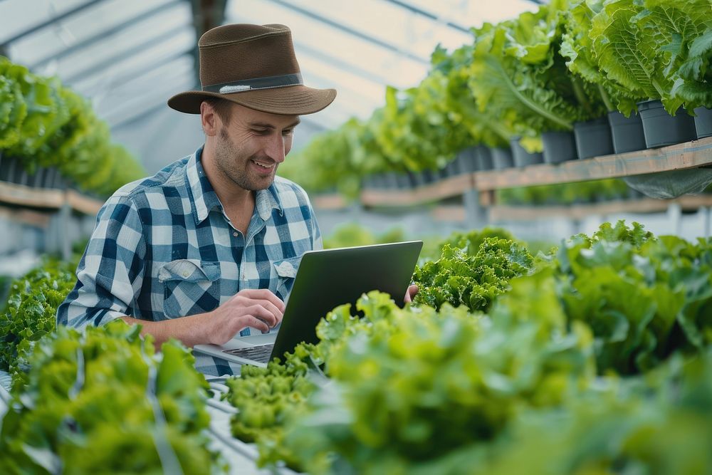 Male farmer using laptop male electronics gardening.