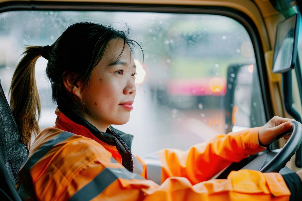 Asian woman driving a truck transportation vehicle female.