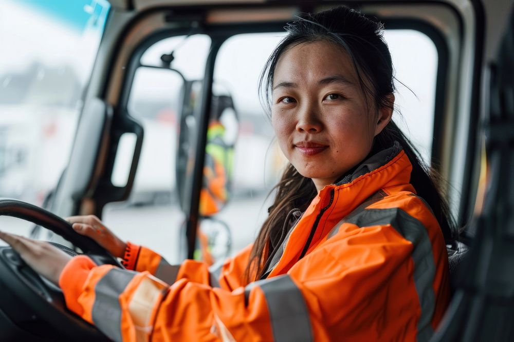 Asian woman driving a truck transportation vehicle fireman.