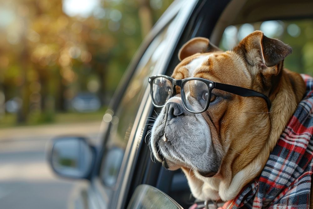 Bulldog wearing glasses car transportation accessories.