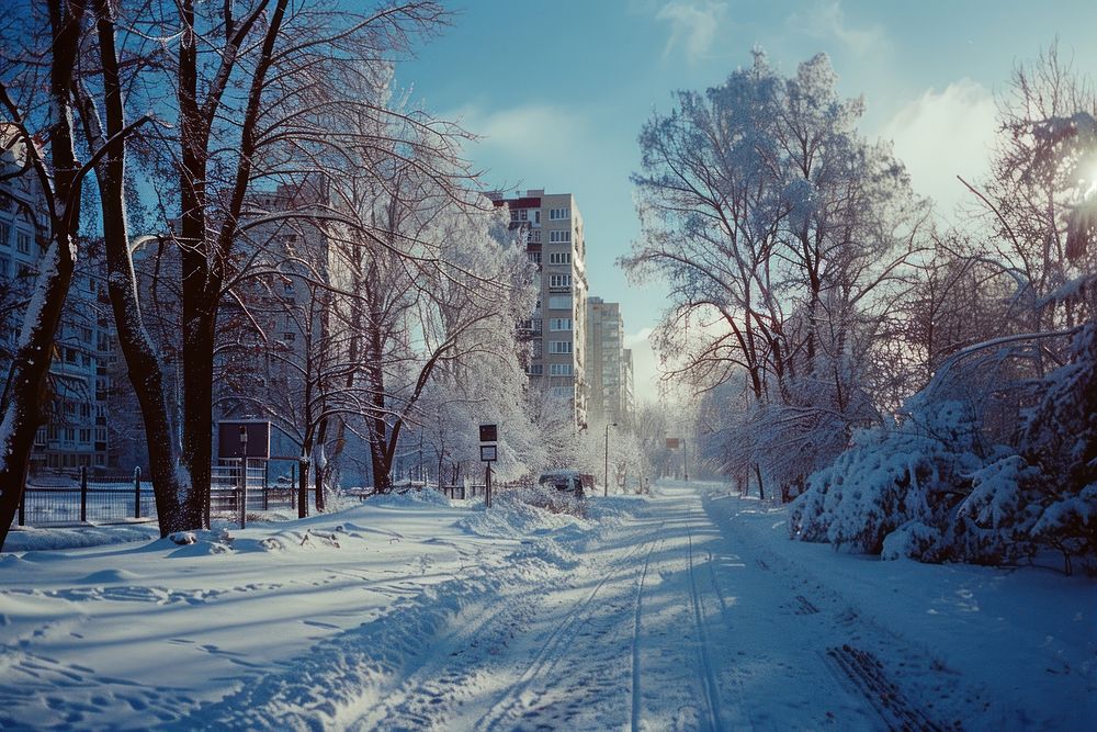 City landscape in winter transportation automobile outdoors.