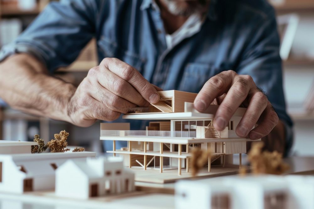 Close up of male architect hands making model house man woodworking person.