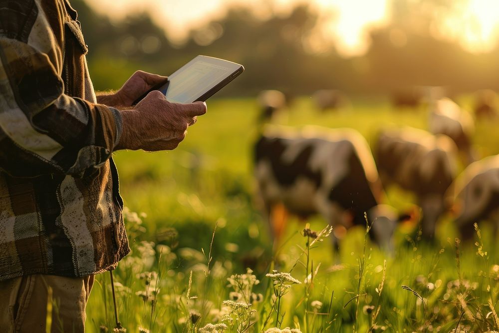 Closeup hand Farmer with tablet inspects cows photo photography electronics.