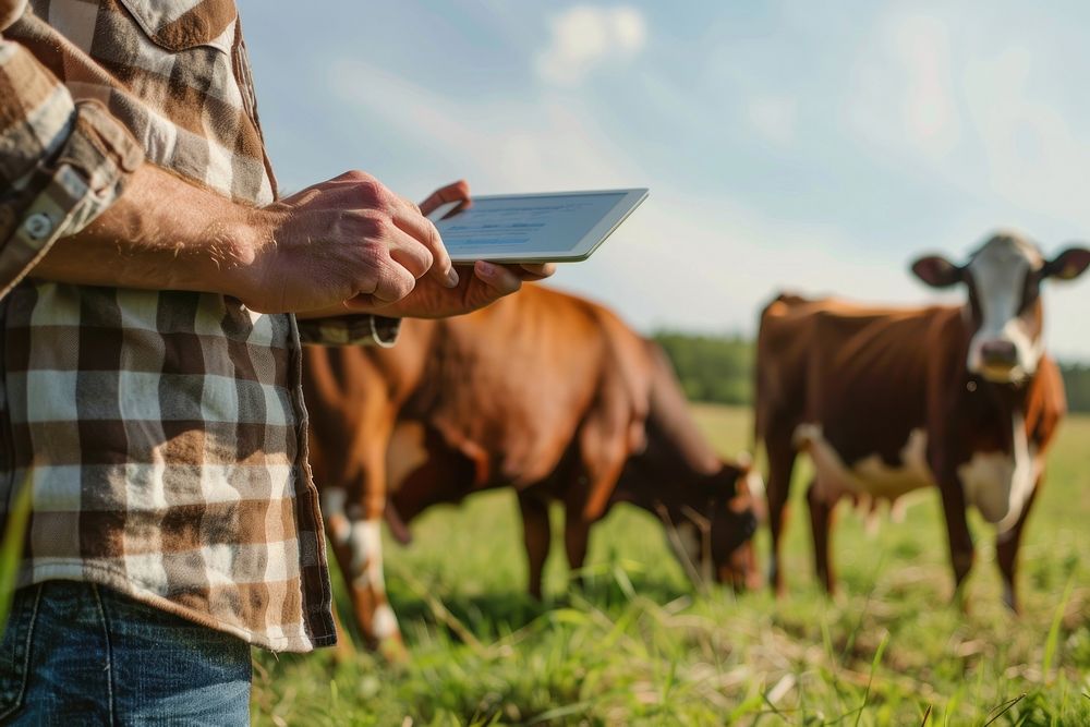 Closeup hand Farmer with tablet inspects cows electronics livestock outdoors.