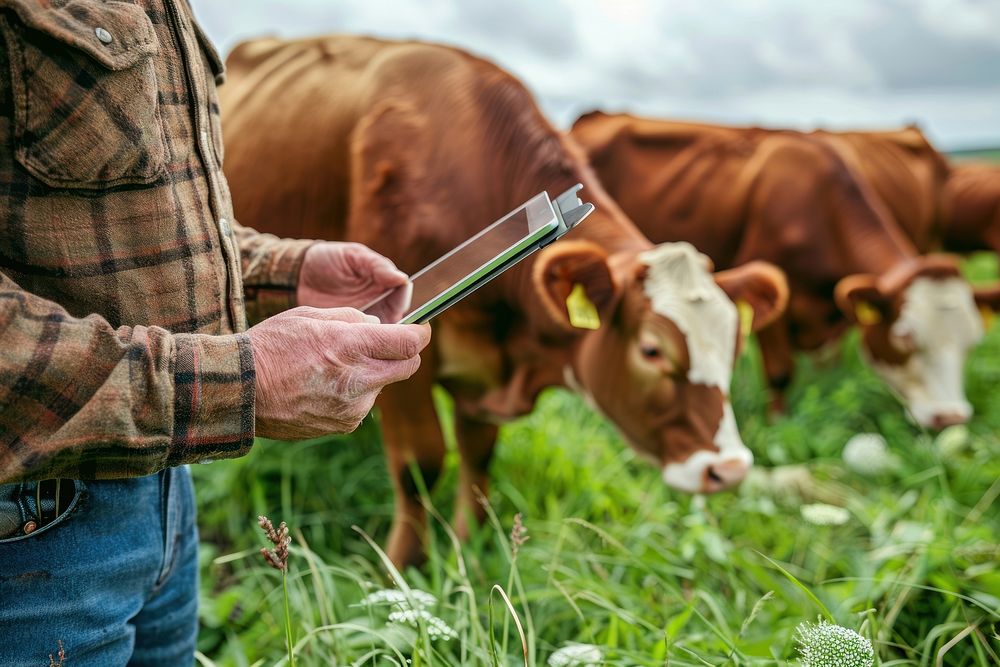 Closeup hand Farmer with tablet inspects cows livestock outdoors animal.