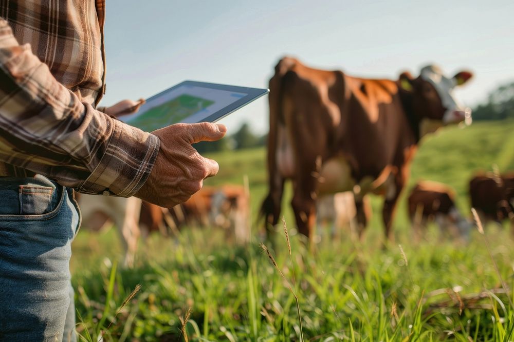 Closeup hand Farmer with tablet inspects cows electronics countryside livestock.