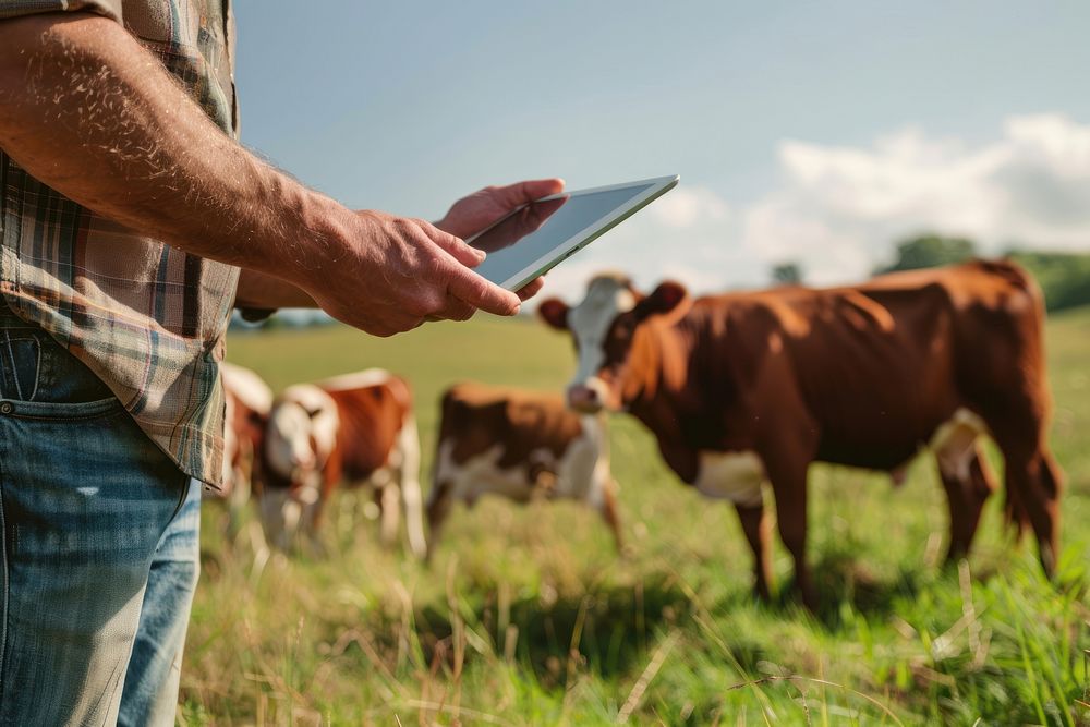 Closeup hand Farmer with tablet inspects cows electronics livestock computer.