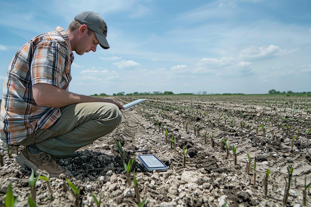 Farmer using a tablet to monitor soil agriculture countryside.