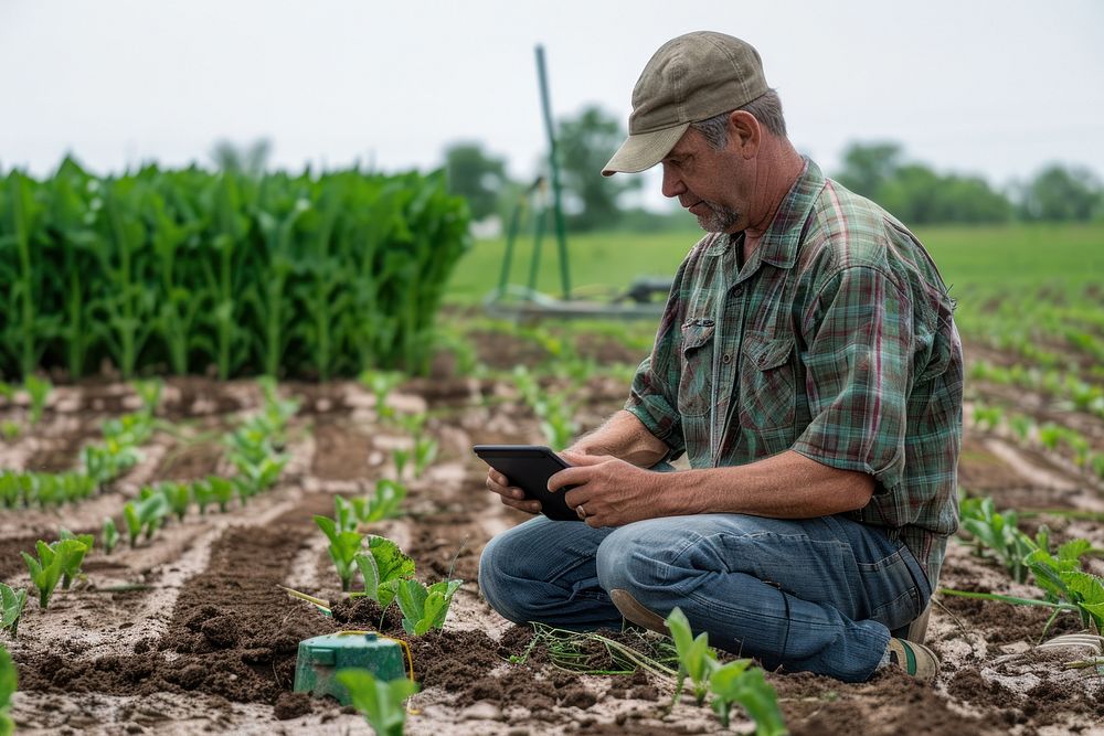 Farmer using a tablet to monitor gardening vegetable outdoors.