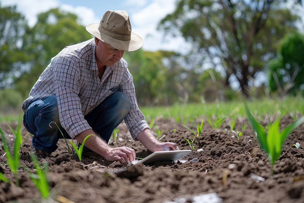 Farmer using a tablet to monitor gardening outdoors gardener.