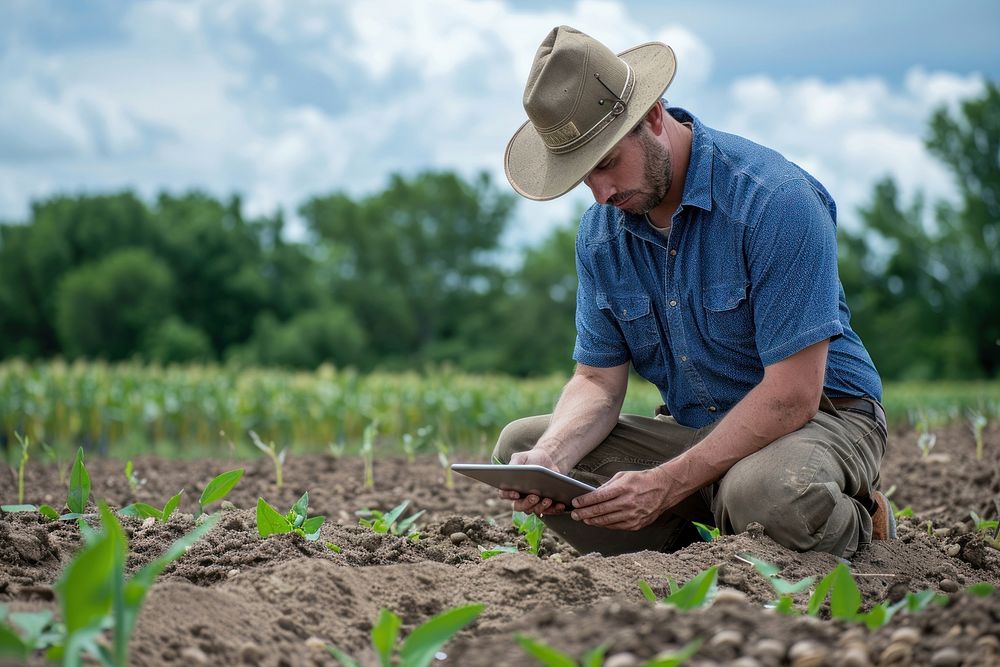 Farmer using a tablet to monitor soil gardening outdoors.