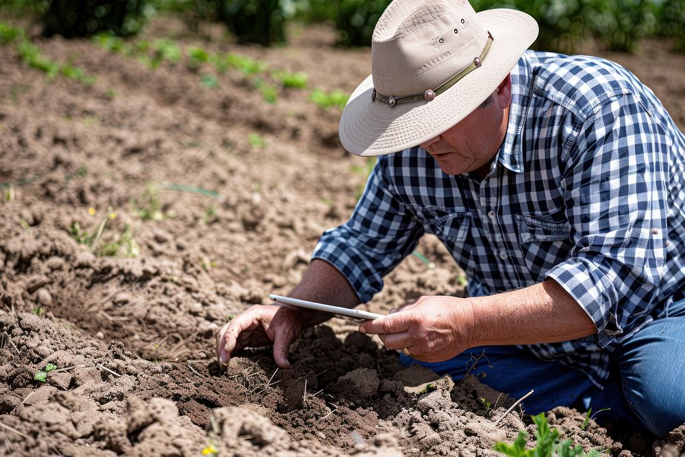 Farmer using a tablet to monitor soil gardening outdoors.