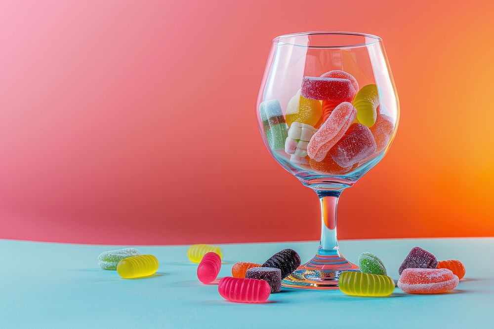 Glassware with different chewy candies on table against color background glass confectionery medication.
