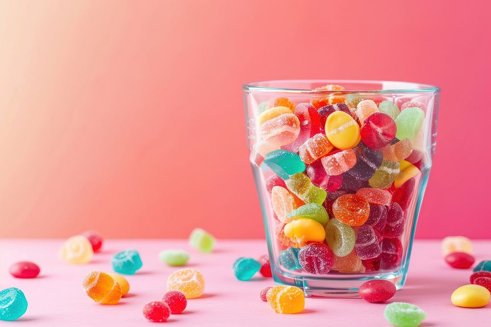 Glassware with different chewy candies on table against color background confectionery medication sweets.