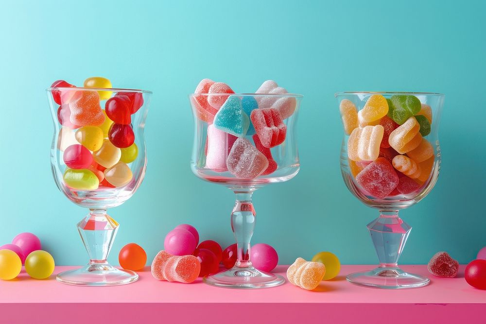 Glassware with different chewy candies on table against color background glass confectionery sweets.