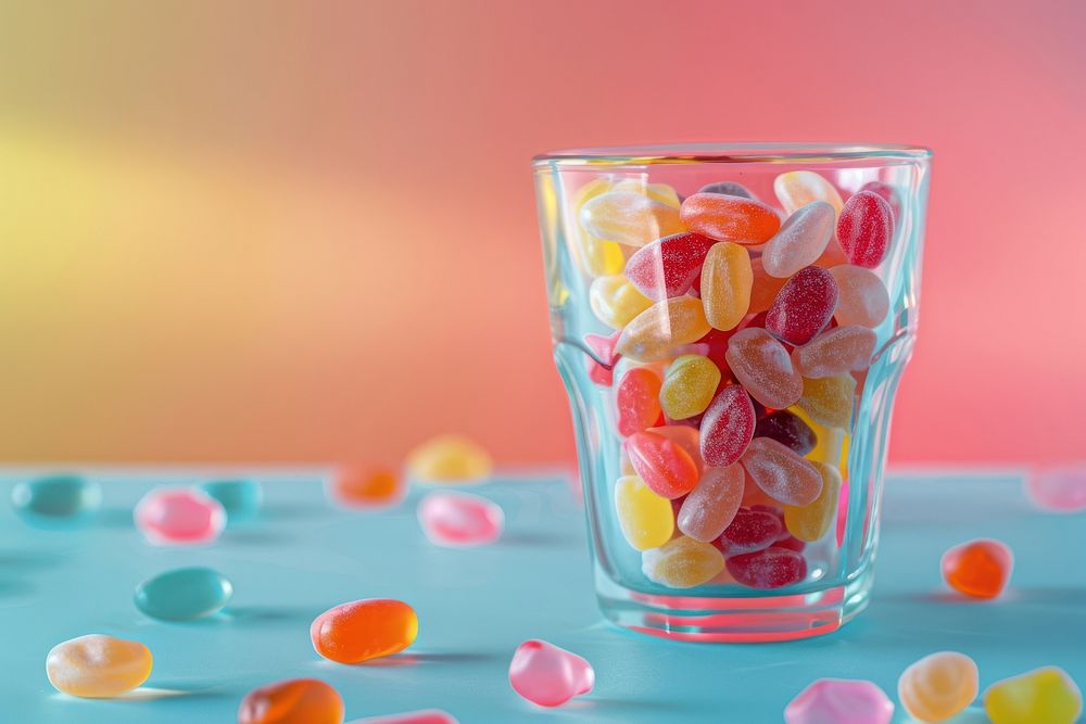 Glassware with different chewy candies on table against color background confectionery medication sweets.
