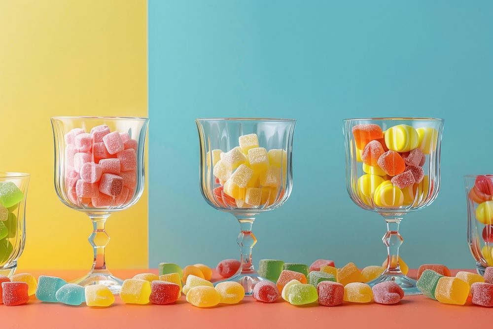 Glassware with different chewy candies on table against color background glass confectionery sweets.