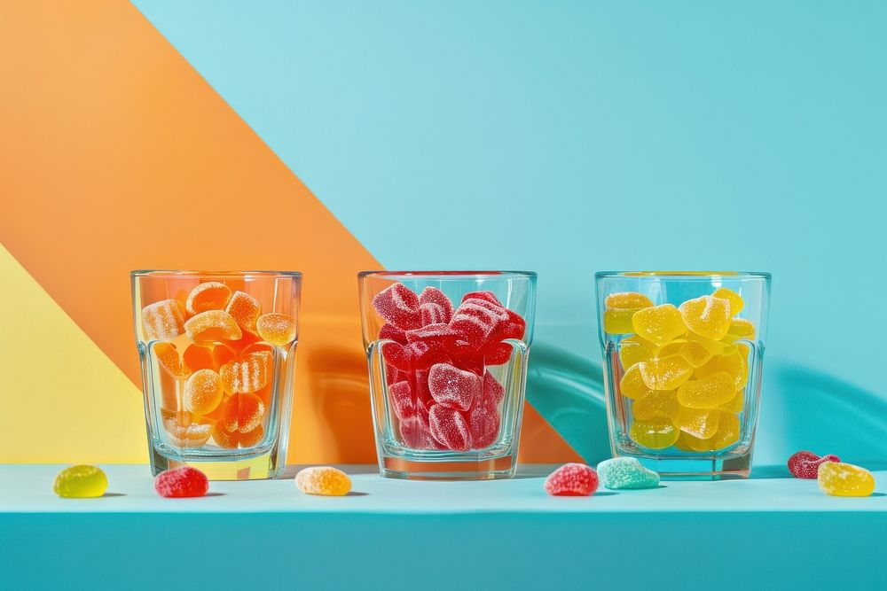 Glassware with different chewy candies on table against color background confectionery dessert sweets.