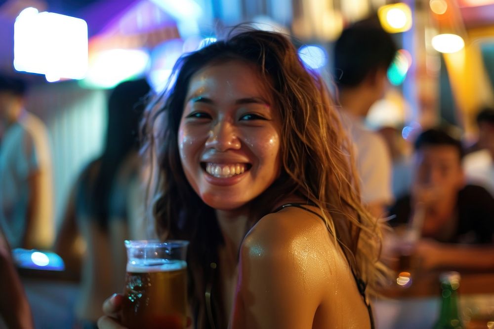 Thai woman drinking beer photo happy photography.