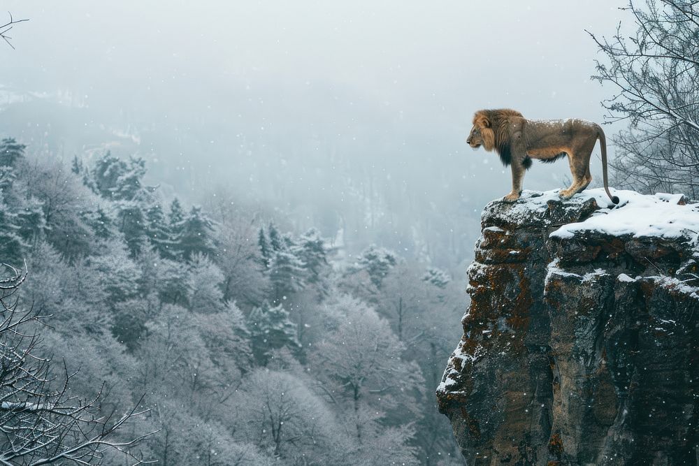 Lion on the Cliff in landscape winter cliff lion vegetation.